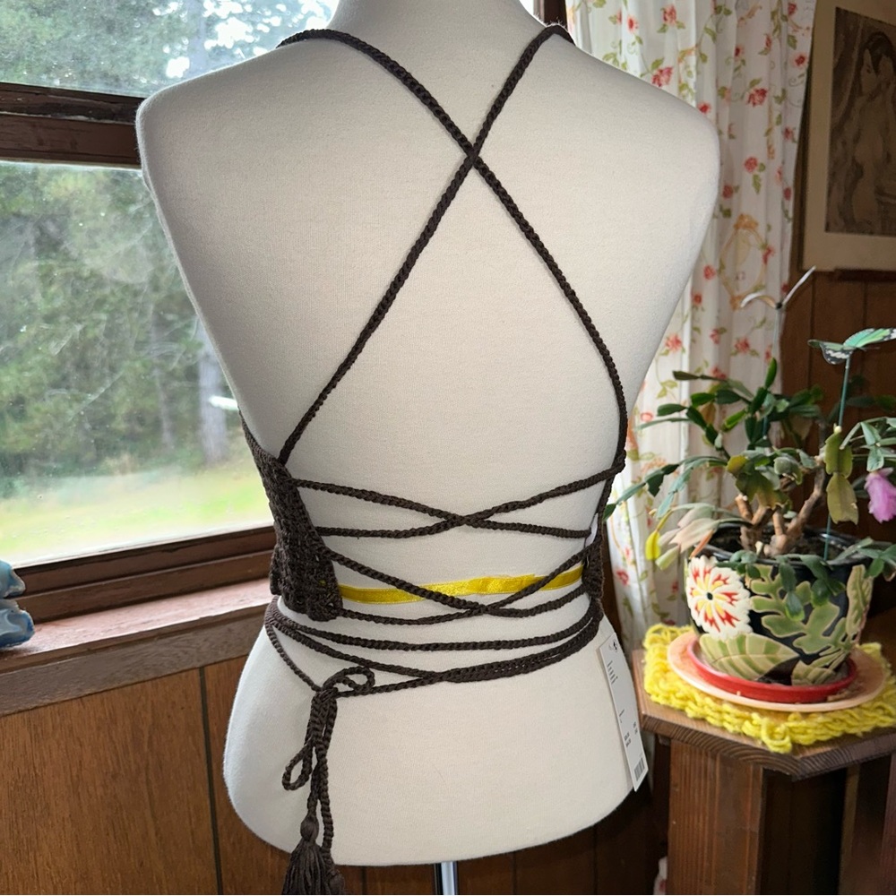 Out From Under • Chocolate Brown Crochet Lace Up Top - Picture 2 of 15